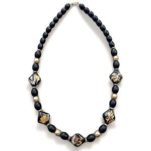VTG Japanese Hand Painted Black Lacquer 30" Inch Beaded Necklace Oriental Japan